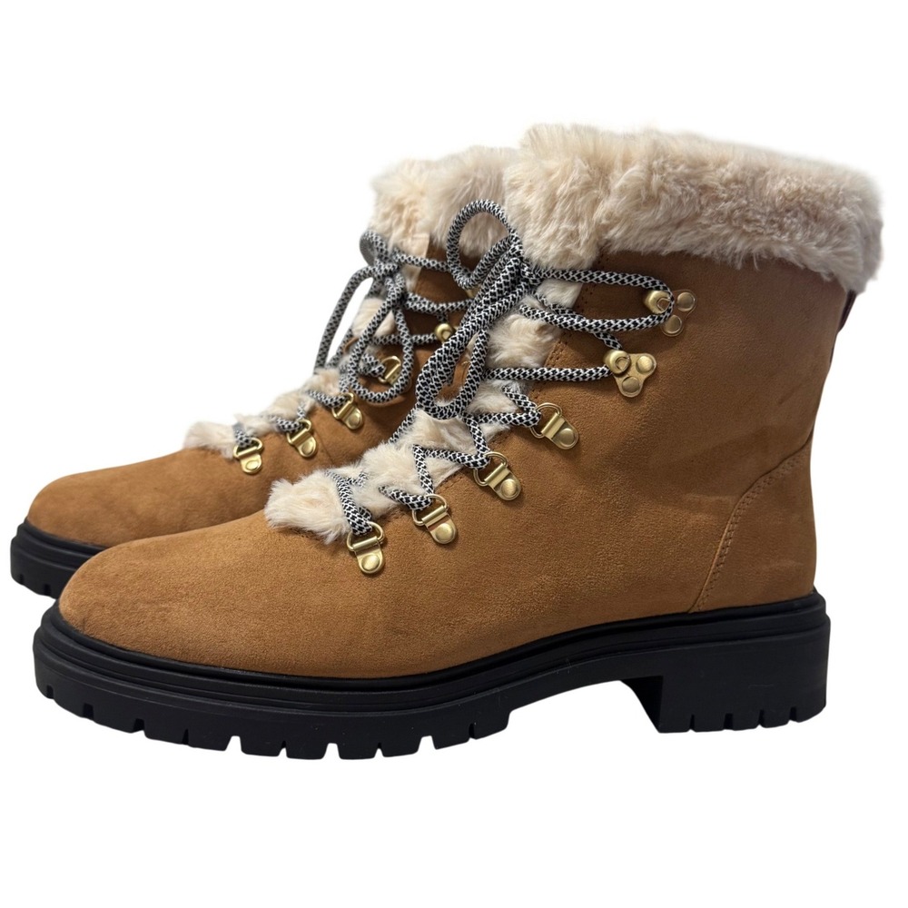 J. Crew Factory Hiking Boots Womens 9.5 Tan Excellent Faux Fur Lug Sole